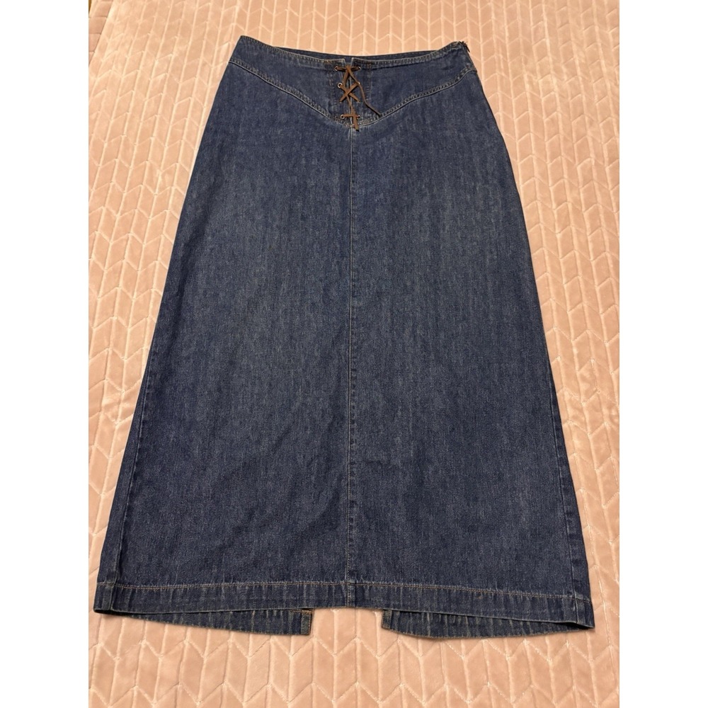 Vintage Bill Blass Denim Midi Skirt Sz 10 Lace Up Corset Front Y2K Western Boho - Picture 4 of 14